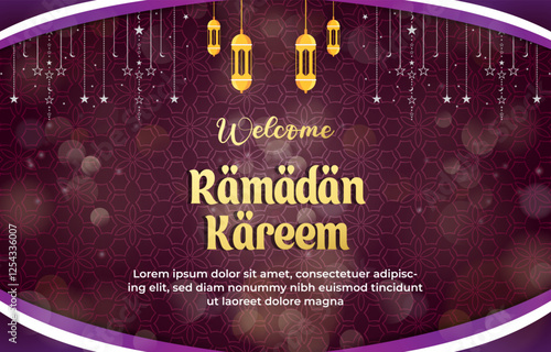 welcome ramadan kareem template banner with beautiful islamic ornament with purple background design 77
