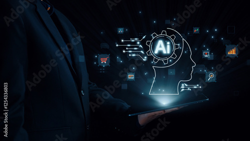 Human interact with AI artificial intelligence brain processor in concept of AI artificial intelligence engineering, big data and AI machine learning to use generative AI for business support. UUID photo