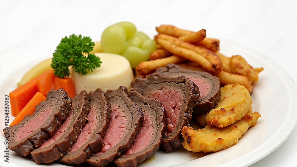 Delicious Roast Beef Slices with Mashed Potatoes, Roasted Vegetables, and Breadsticks - Gourmet Meal Delicious Roast Beef Slices with Mashed Potatoes, Roasted Vegetables, and Breadsticks - Gourmet Meal