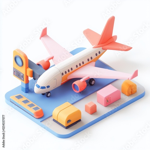 A colorful, playful model of an airplane at an airport scene, featuring luggage and a terminal.