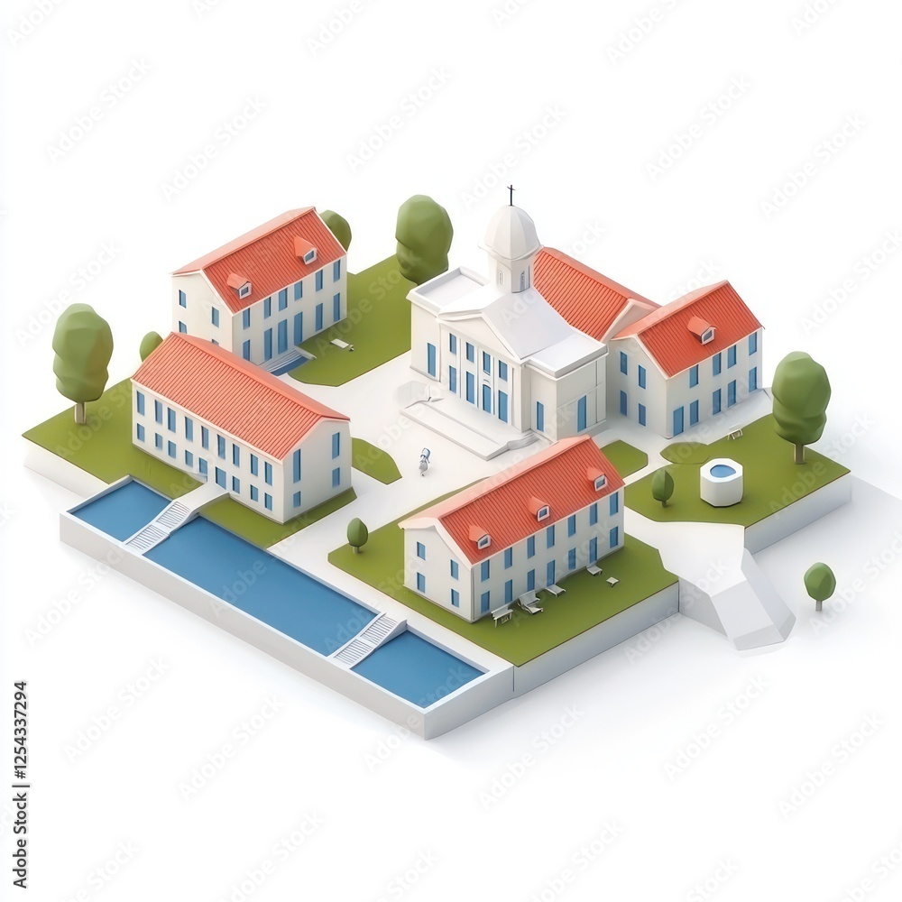A stylized 3D model of a small village featuring buildings, a central square, trees, and a water feature. A stylized 3D model of a small village featuring buildings, a central square, trees, and a water feature.