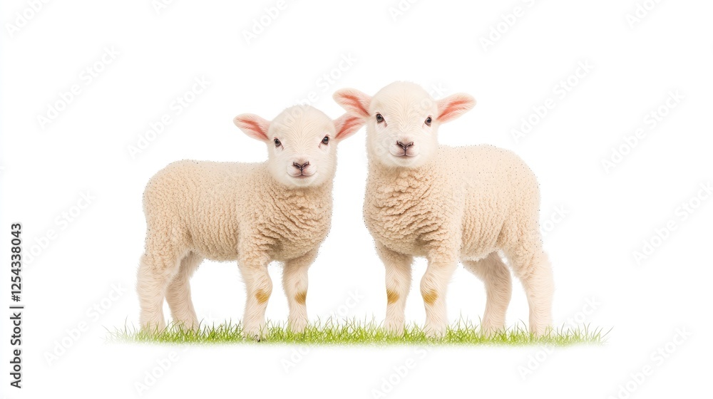 Obraz premium Two adorable lambs standing on green grass, showcasing their fluffy wool in a bright setting