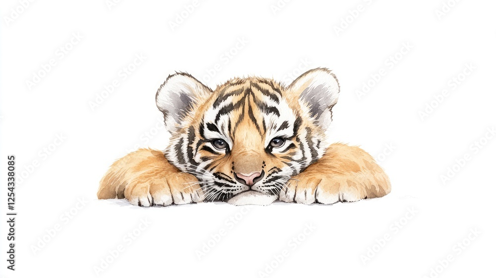 Obraz premium Playful tiger cub resting with paws stretched, showcasing its playful nature in a serene setting