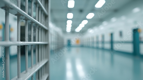 Prison hallway, security, interior, blurred background. Possible stock photo use