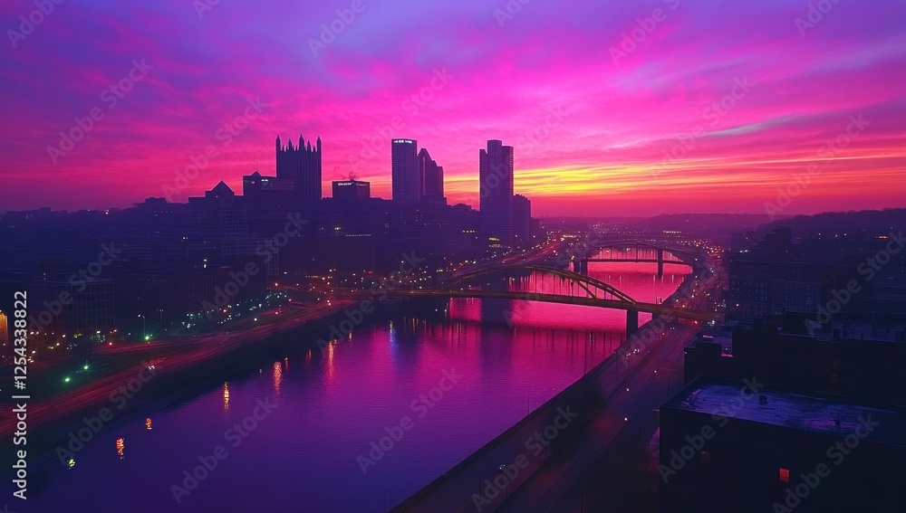 Fototapeta premium Pittsburgh Skyline at Sunrise: Vibrant Colors Over the Cityscape