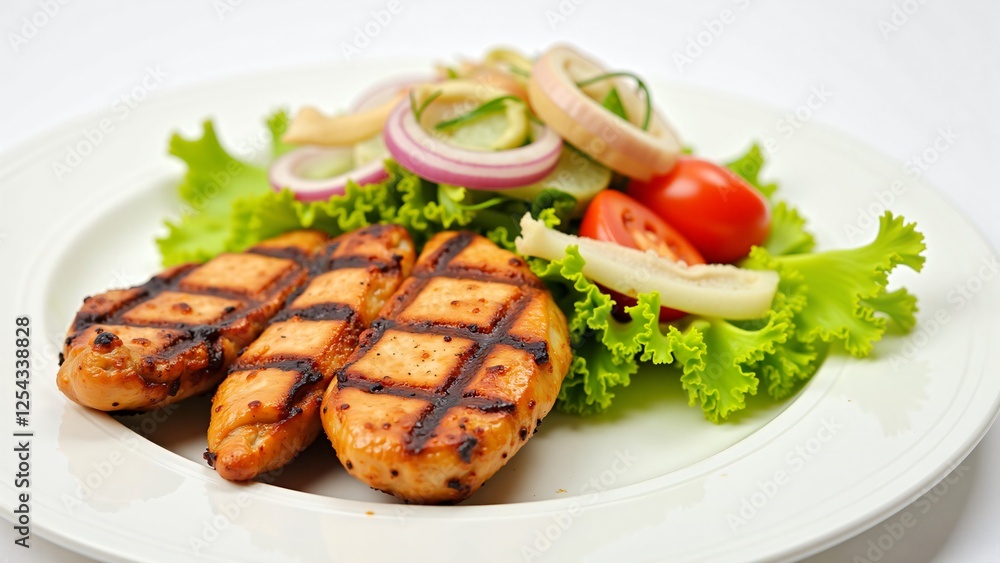 Grilled Chicken Breast with Fresh Salad on White Plate Grilled Chicken Breast with Fresh Salad on White Plate