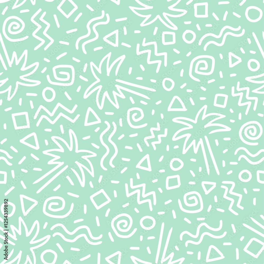 SEAMLESS HAND DRAWN DOODLE SQUIGGLE GEOMETRIC PALM TREE TROPICAL FLORAL PATTERN SWATCH SEAMLESS HAND DRAWN DOODLE SQUIGGLE GEOMETRIC PALM TREE TROPICAL FLORAL PATTERN SWATCH