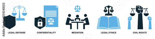 set of law and justice icon vector, featuring scales of justice, a gavel, courthouse for law firms, judiciary, legal services, and regulations