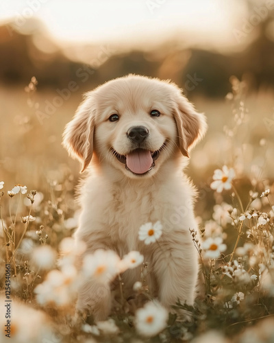 A golden retriever puppy sitting in a field of wildflowers. 