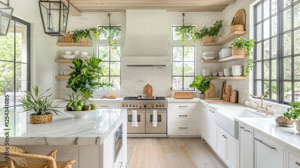 Fototapeta premium Bright and Airy Farmhouse Kitchen with Abundant Natural Light and Greenery