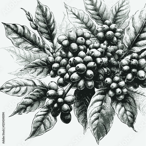 Coffee beans and ripe orange. Vector hand drawn illustration. Coffee beans on branch. Vector hand drawn illustration in sketch style. Coffee beans on the branch. Hand drawn. 