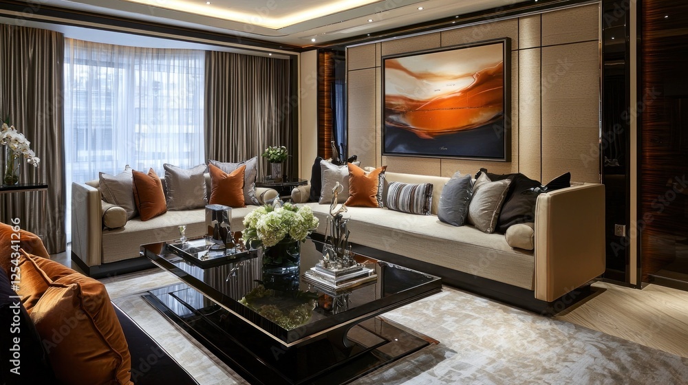 Fototapeta premium Luxury Living Room Interior Design: Opulent Comfort and Modern Elegance