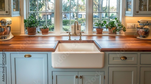 Rustic Farmhouse Kitchen with Butternut Countertop and Apron-Front Sink
