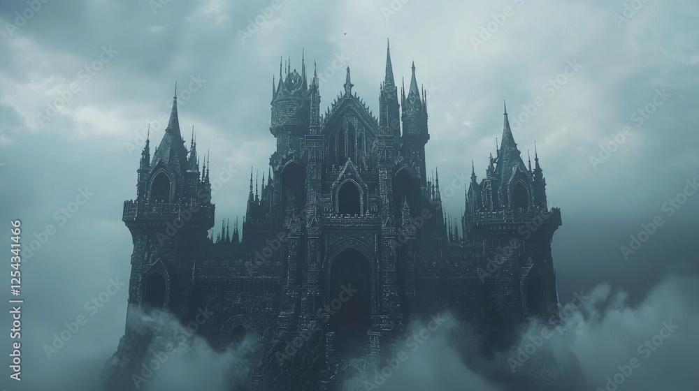 Dark Gothic Castle Made of Obsidian Surrounded by Misty Clouds Dark Gothic Castle Made of Obsidian Surrounded by Misty Clouds
