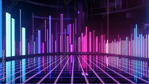 Vibrant Digital Landscape with Neon Pink and Blue Bars Reflecting on Grid Surface, Creating Futuristic and Dynamic Atmosphere of Innovation and Technology