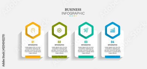 Hexagon infographic business model with 4 successive steps. colorful graphic elements. Timeline design for brochure, presentation.