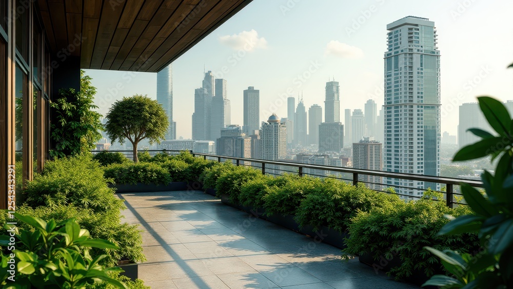 Fototapeta premium Modern rooftop garden with green walls, manicured lawn, and city skyline view 