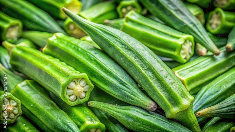 Stunning Macro Photography of Fresh Okra Pods, Green Vegetable Close-up, Textured Skin, Organic Farming, Healthy Eating, Culinary Uses, Natural Light, Botanical Beauty, Vibrant Colors Stunning Macro Photography of Fresh Okra Pods, Green Vegetable Close-up, Textured Skin, Organic Farming, Healthy Eating, Culinary Uses, Natural Light, Botanical Beauty, Vibrant Colors
