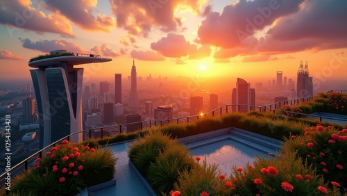 Wallpaper Mural Luxurious rooftop garden with lounge seating, lush greenery, and sunset city view	 Torontodigital.ca