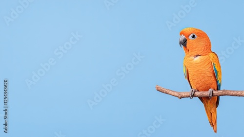 Vibrant orange parrot perched on a branch against a clear blue sky, showcasing its colorful feathers