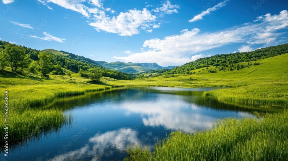 A serene landscape with lush greenery, a calm lake, and a blue sky filled with clouds. A serene landscape with lush greenery, a calm lake, and a blue sky filled with clouds.