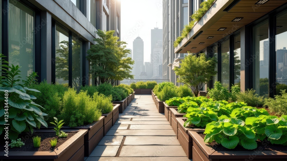 Modern rooftop garden with raised planters, lush greenery, and city skyline view	