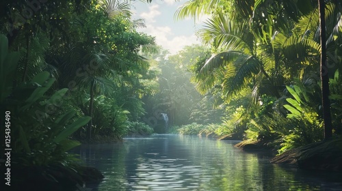 Tranquil Tropical River Paradise: Lush Green Foliage, Serene Waters, and a Hidden Waterfall