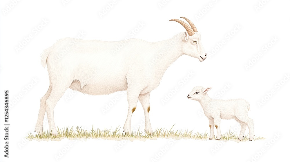 Fototapeta premium A serene illustration of a mother goat and her kid standing in a grassy field, showcasing their bond