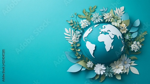 Eco-Friendly A Paper Globe with Green Lush and Flower on Blue Background, Sustainable Living For Future Concept