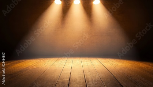 Empty stage with spotlights and wooden floor. photo