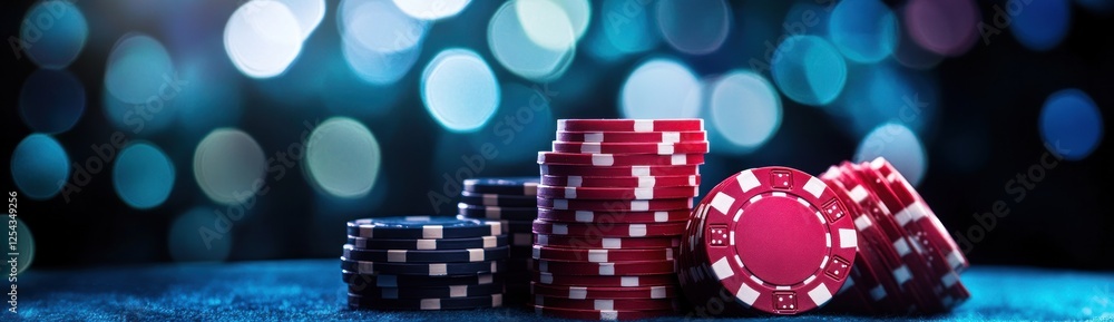 Casino Night: Stacks of Poker Chips under Blue Lights Casino Night: Stacks of Poker Chips under Blue Lights