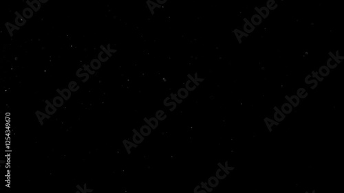 Natural Organic Dust Particles Floating On Black Background. Glittering Sparkling Particles Randomly Spin In The Air With Bokeh. Dynamic Particles With Fast And Slow Motion. Shimmering Dust In Space.	