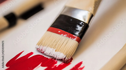 Creative process of painting with red and white colors using a large brush on a canvas in a bright workshop environment photo