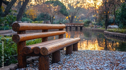 Wooden park bench beside tranquil pond at sunset photo