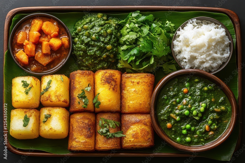 An overhead view of a South Indian dosa platter featuring a large, crispy dosa filled with spicy potato masala, served with coconut chutney, tomato chutney, and a bowl of tangy sambar. An overhead view of a South Indian dosa platter featuring a large, crispy dosa filled with spicy potato masala, served with coconut chutney, tomato chutney, and a bowl of tangy sambar.
