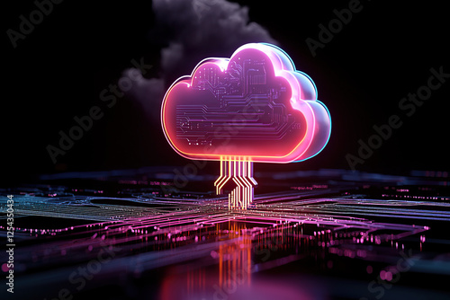 glowing cloud icon with circuit patterns represents cloud computing and digital innovation. vibrant colors and futuristic design highlight technology role in modern workflows