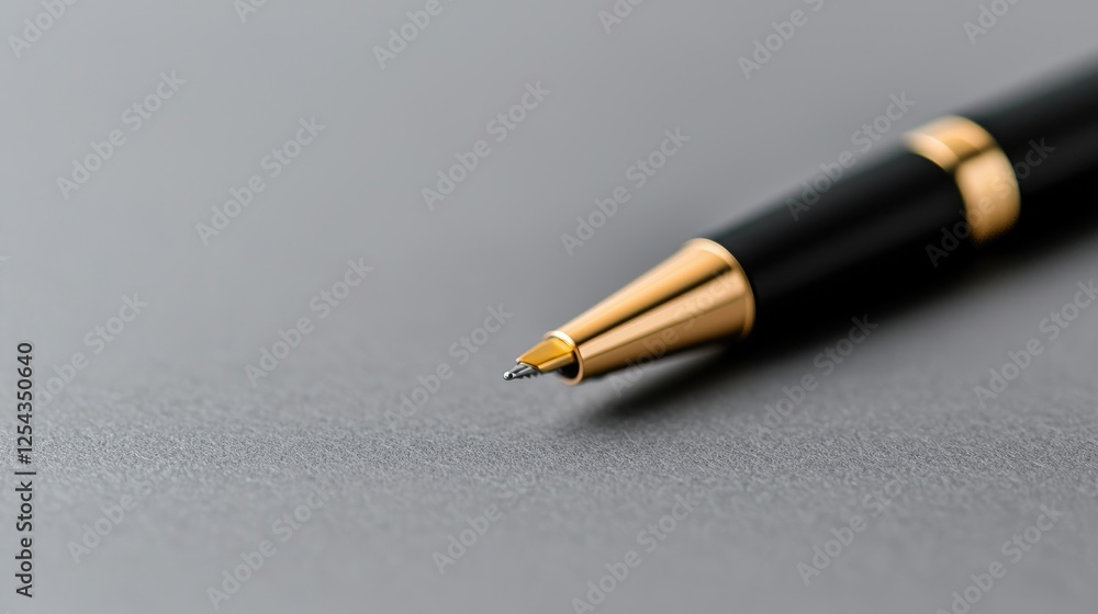 Close-up of black pen on gray surface. Possible use Office supplies catalog Close-up of black pen on gray surface. Possible use Office supplies catalog