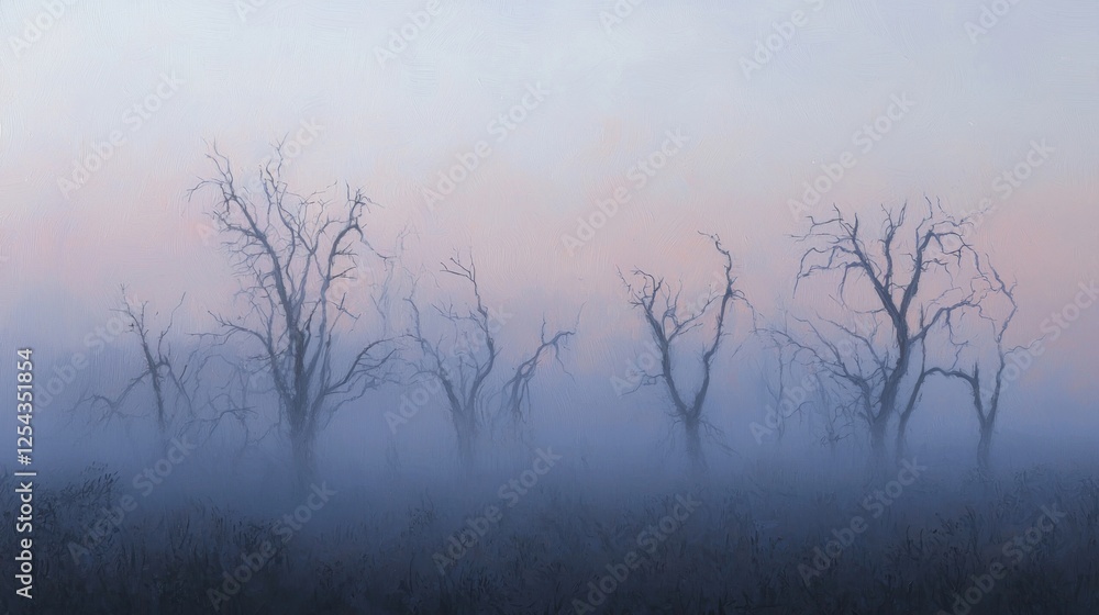Misty Dawn: Enigmatic Bare Trees in a Serene Landscape Misty Dawn: Enigmatic Bare Trees in a Serene Landscape