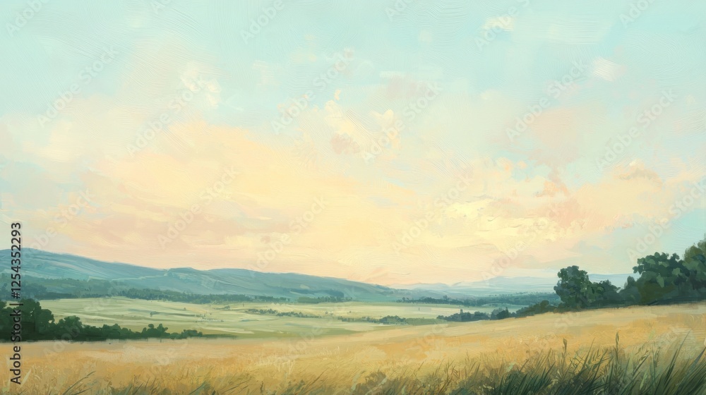 Obraz premium Serene Sunset over Golden Fields and Distant Mountains: A Pastoral Landscape Painting