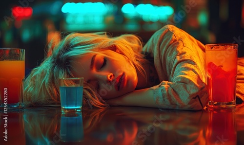 Neon Nights: A Woman Asleep at the Bar