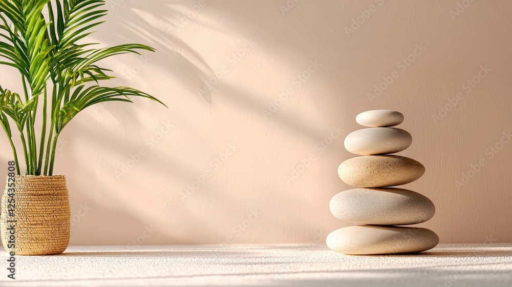 Serene Minimalist Still Life: Balanced Stones and Palm Plant in Soft Sunlight Serene Minimalist Still Life: Balanced Stones and Palm Plant in Soft Sunlight