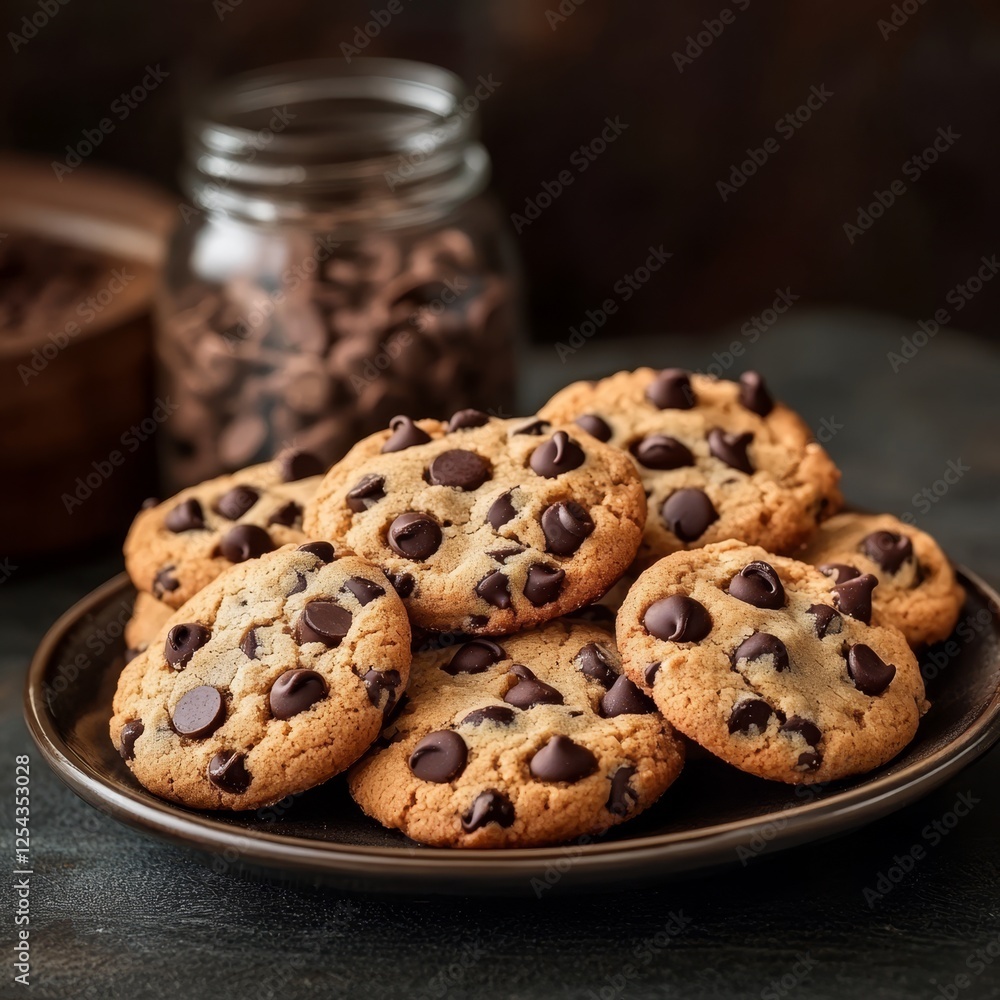 Delicious chocolate chip cookies on a plate. Delicious chocolate chip cookies on a plate.