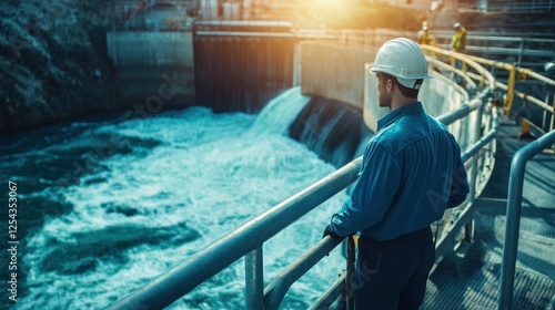 Hydropower Engineer: A focused engineer in a white hardhat observes the powerful flow of water cascading from a hydroelectric dam, showcasing the scale and importance of renewable energy. 