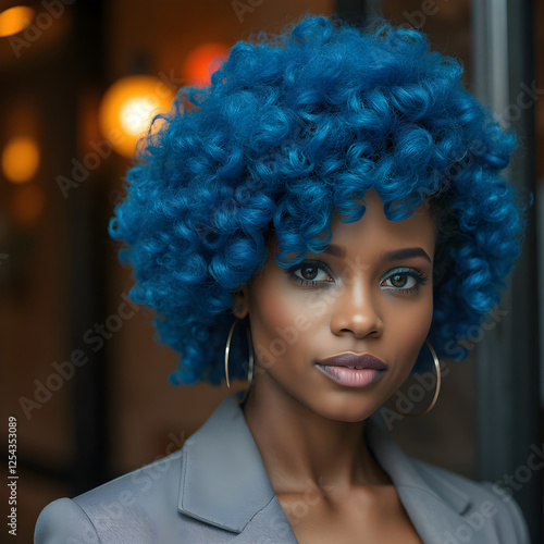 Mujer con rizos azules y actitud segura en una ciudad iluminada photo