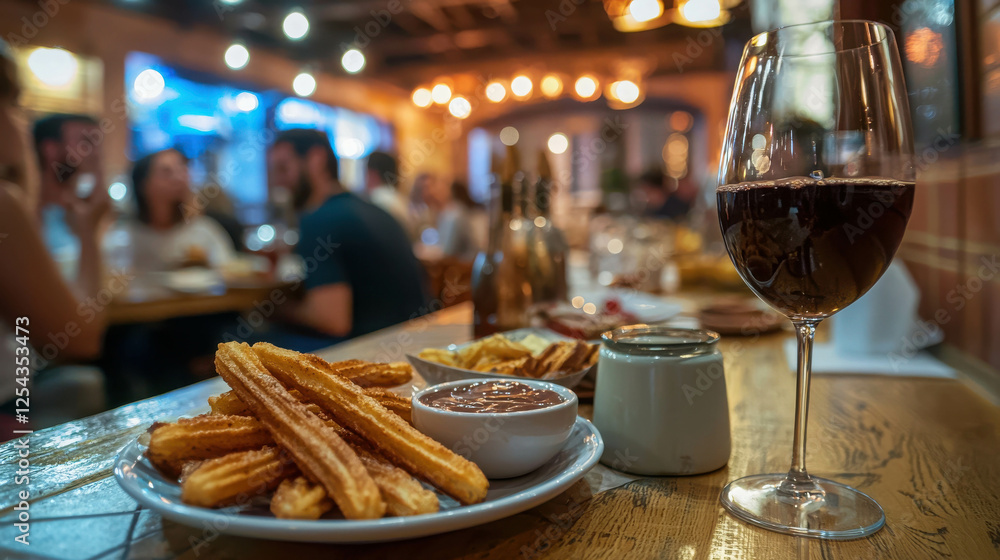 Vibrant Plate of Crispy Churros with Chocolate Sauce and Wine in a Cozy Spanish Tapas Bar Vibrant Plate of Crispy Churros with Chocolate Sauce and Wine in a Cozy Spanish Tapas Bar