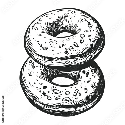 Simple three bagels with cream cheese linear illustration black white vector