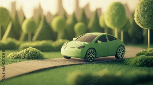 Green Eco Car on Nature Path: A vibrant green electric car model drives along a miniature pathway nestled in a lush green landscape, symbolizing a sustainable and eco-friendly future. 