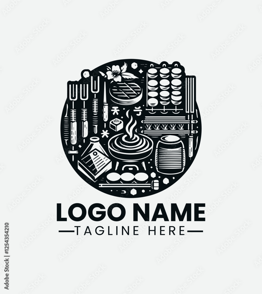 Obraz premium Yakimono Grill Logo Design, Japanese BBQ Logo, Grilled Japanese Food Logo, Yakitori Logo, Izakaya Logo