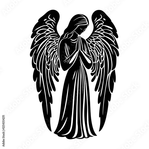 Simple angel with wings logo linear illustration stencil black vector