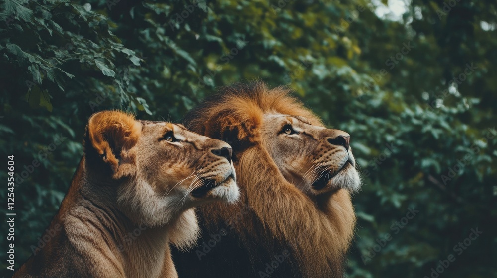 Fototapeta premium Cub Observes Adult Lion in Nature